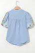 Woven Floral Embroidered Split Neck Puff Sleeve Blouse