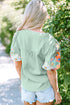 Woven Floral Embroidered Split Neck Puff Sleeve Blouse
