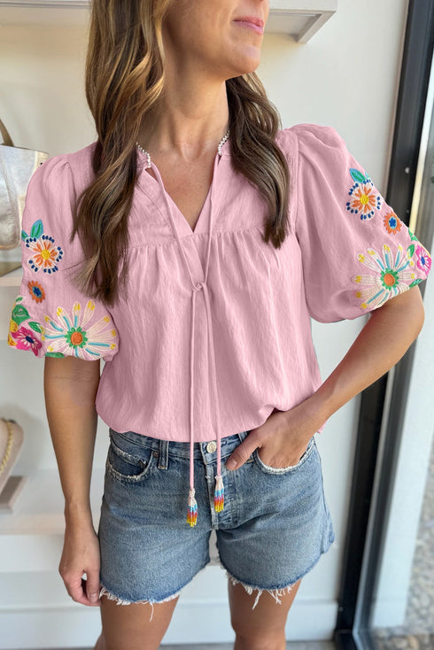 Woven Floral Embroidered Split Neck Puff Sleeve Blouse