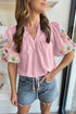 Woven Floral Embroidered Split Neck Puff Sleeve Blouse