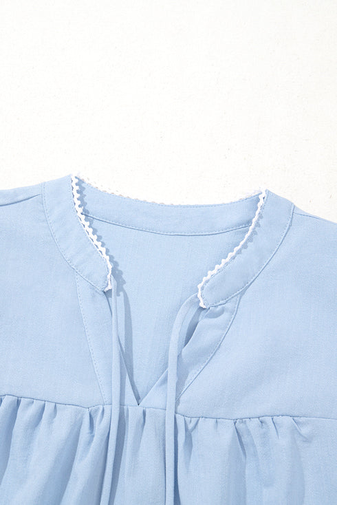 Woven Floral Embroidered Split Neck Puff Sleeve Blouse