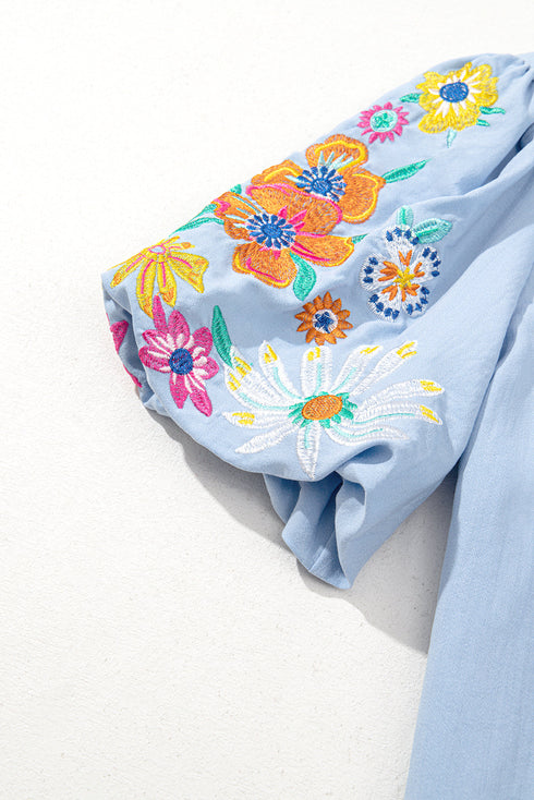 Woven Floral Embroidered Split Neck Puff Sleeve Blouse