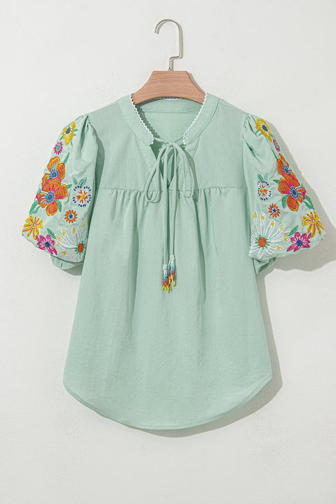 Woven Floral Embroidered Split Neck Puff Sleeve Blouse