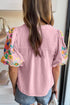 Woven Floral Embroidered Split Neck Puff Sleeve Blouse