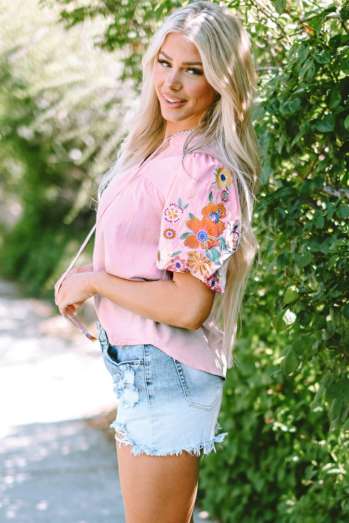Woven Floral Embroidered Split Neck Puff Sleeve Blouse
