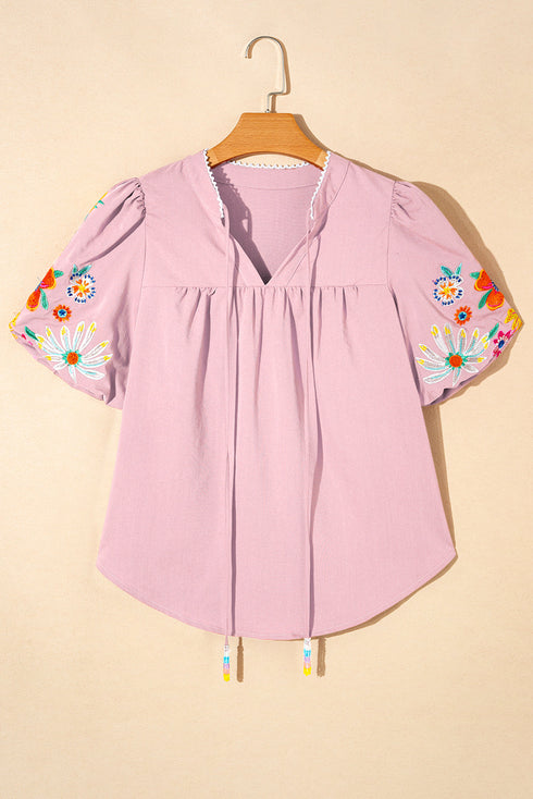 Woven Floral Embroidered Split Neck Puff Sleeve Blouse