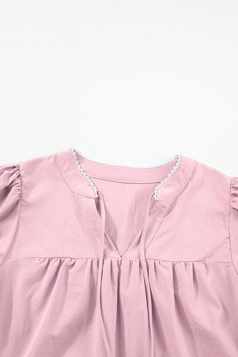 Woven Floral Embroidered Split Neck Puff Sleeve Blouse
