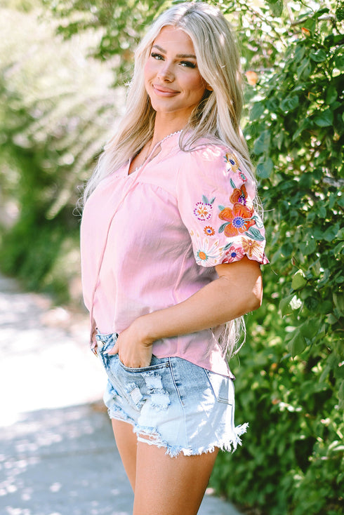 Woven Floral Embroidered Split Neck Puff Sleeve Blouse