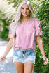 Woven Floral Embroidered Split Neck Puff Sleeve Blouse