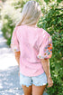 Woven Floral Embroidered Split Neck Puff Sleeve Blouse