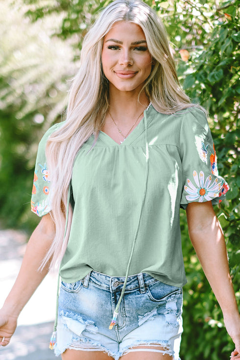 Woven Floral Embroidered Split Neck Puff Sleeve Blouse