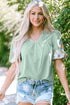 Woven Floral Embroidered Split Neck Puff Sleeve Blouse