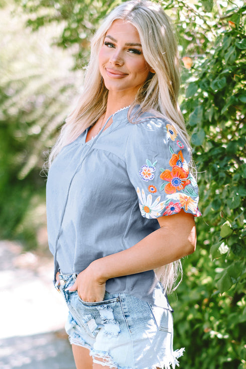 Woven Floral Embroidered Split Neck Puff Sleeve Blouse