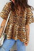 Woven Leopard Print Puff Sleeve Split Neck Babydoll Blouse