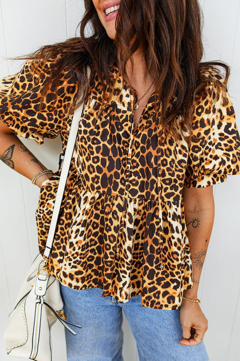 Woven Leopard Print Puff Sleeve Split Neck Babydoll Blouse