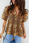 Woven Leopard Print Puff Sleeve Split Neck Babydoll Blouse