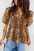 Woven Leopard Print Puff Sleeve Split Neck Babydoll Blouse