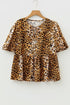 Woven Leopard Print Puff Sleeve Split Neck Babydoll Blouse