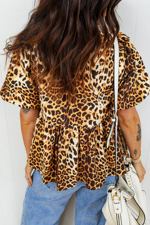 Woven Leopard Print Puff Sleeve Split Neck Babydoll Blouse