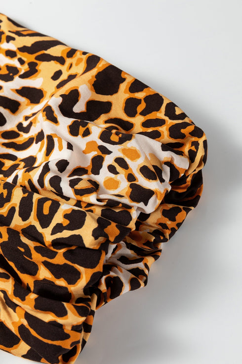 Woven Leopard Print Puff Sleeve Split Neck Babydoll Blouse