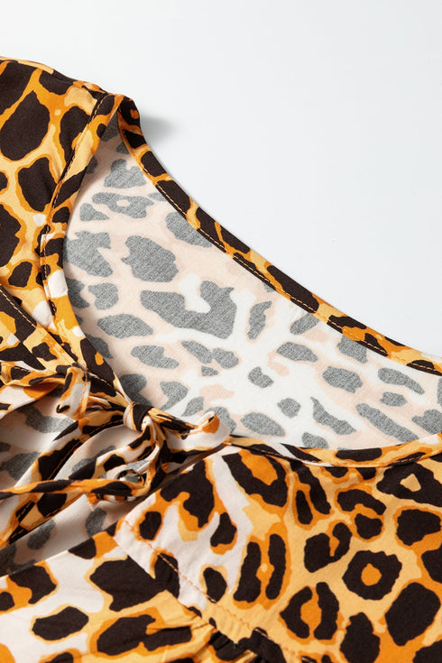 Woven Leopard Print Puff Sleeve Split Neck Babydoll Blouse