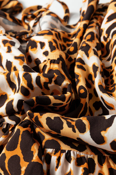 Woven Leopard Print Puff Sleeve Split Neck Babydoll Blouse