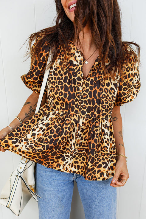 Woven Leopard Print Puff Sleeve Split Neck Babydoll Blouse