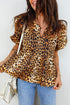 Woven Leopard Print Puff Sleeve Split Neck Babydoll Blouse