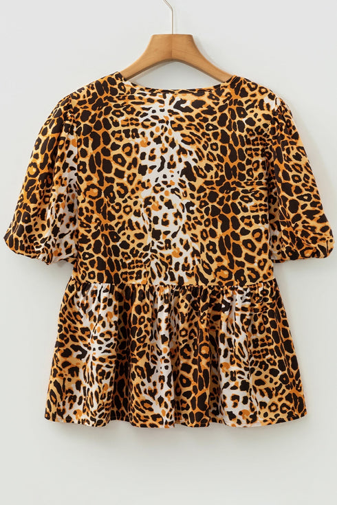 Woven Leopard Print Puff Sleeve Split Neck Babydoll Blouse