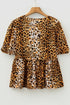 Woven Leopard Print Puff Sleeve Split Neck Babydoll Blouse