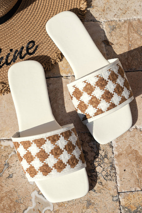 Woven Plaid Pattern Square Toe Slide Slippers