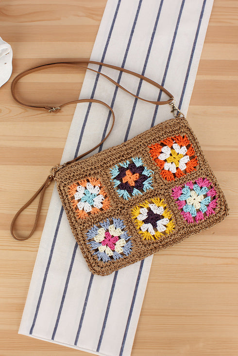 Woven Straw Crochet Floral Detail Shoulder Bag