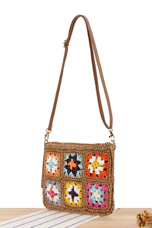 Woven Straw Crochet Floral Detail Shoulder Bag