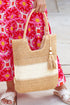 Woven Straw Horizontal Stripe Tassel Detail Tote Bag