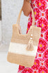 Woven Straw Horizontal Stripe Tassel Detail Tote Bag