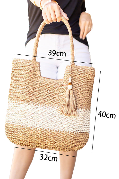 Woven Straw Horizontal Stripe Tassel Detail Tote Bag