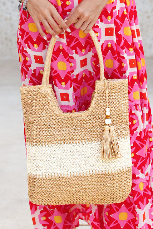 Woven Straw Horizontal Stripe Tassel Detail Tote Bag