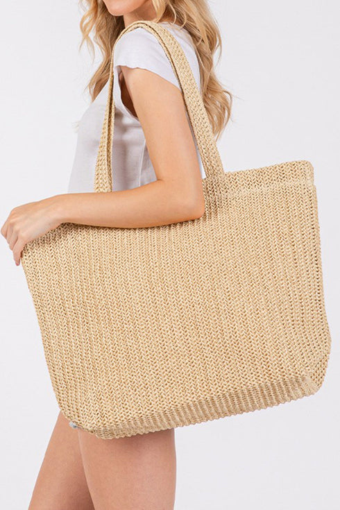 Woven Straw Textured Beach Tote Carryall Shoulder Bag
