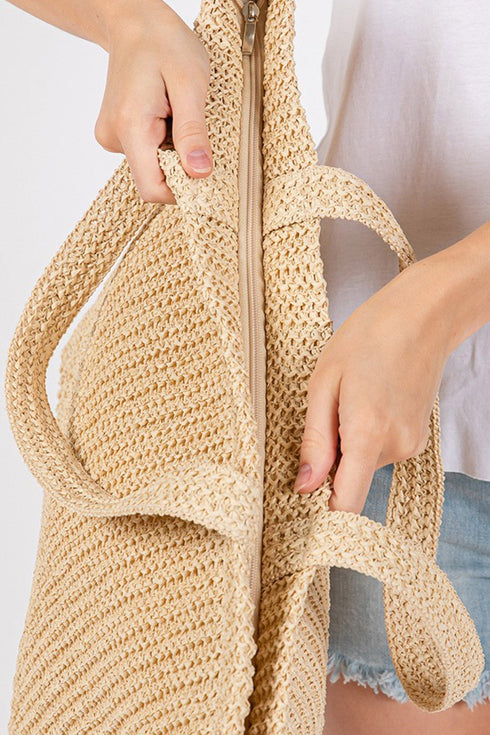 Woven Straw Textured Beach Tote Carryall Shoulder Bag