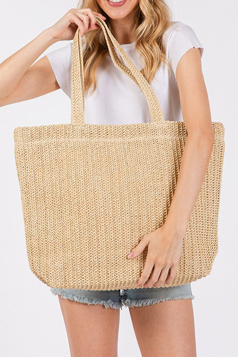 Woven Straw Textured Beach Tote Carryall Shoulder Bag