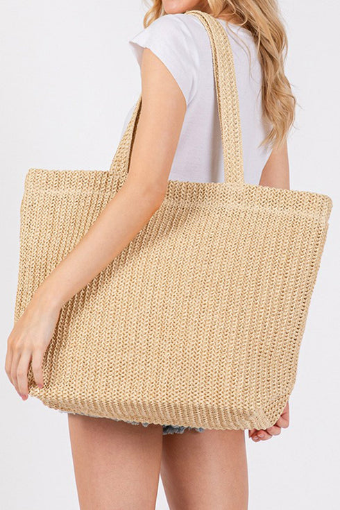 Woven Straw Textured Beach Tote Carryall Shoulder Bag