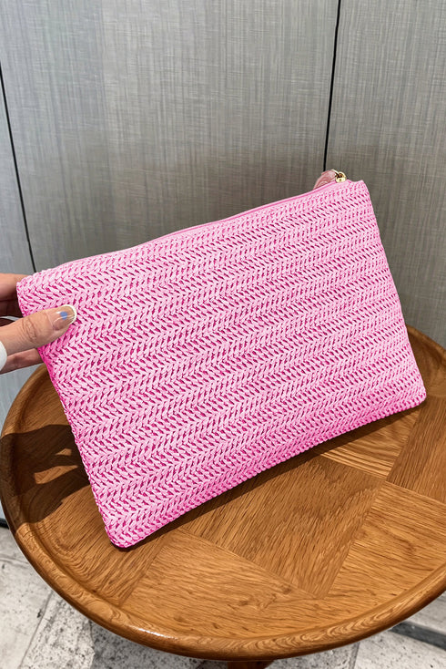 Woven Straw Zipper Closure Large Wristlet Wallet