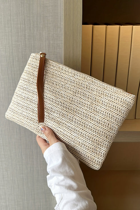 Woven Straw Zipper Closure Large Wristlet Wallet