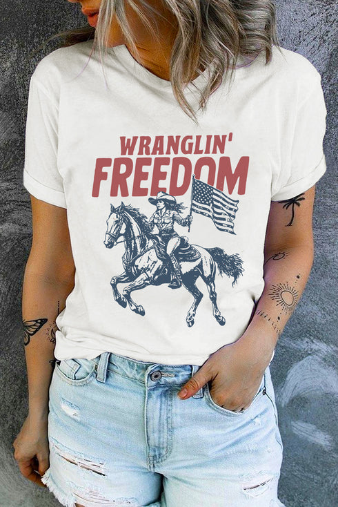 Wranglin Freedom Rodeo Graphic Patriotic Western Style Summer Tee Shirt
