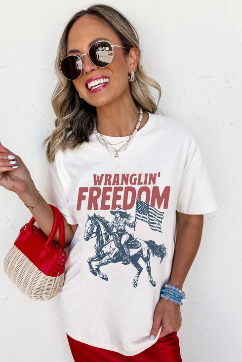 Wranglin Freedom Rodeo Graphic Patriotic Western Style Summer Tee Shirt