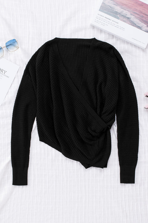 Wrap V Neck Waffle Sweater