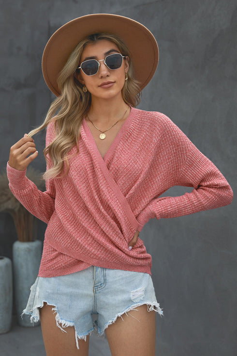 Wrap V Neck Waffle Sweater