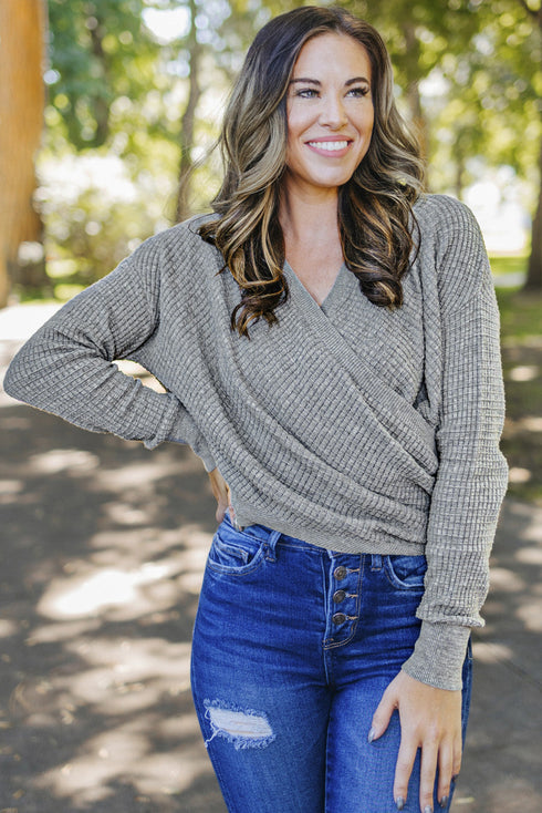 Wrap V Neck Waffle Sweater
