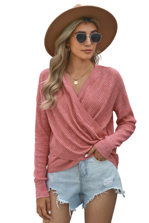Wrap V Neck Waffle Sweater
