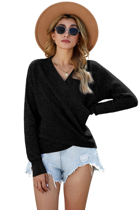 Wrap V Neck Waffle Sweater